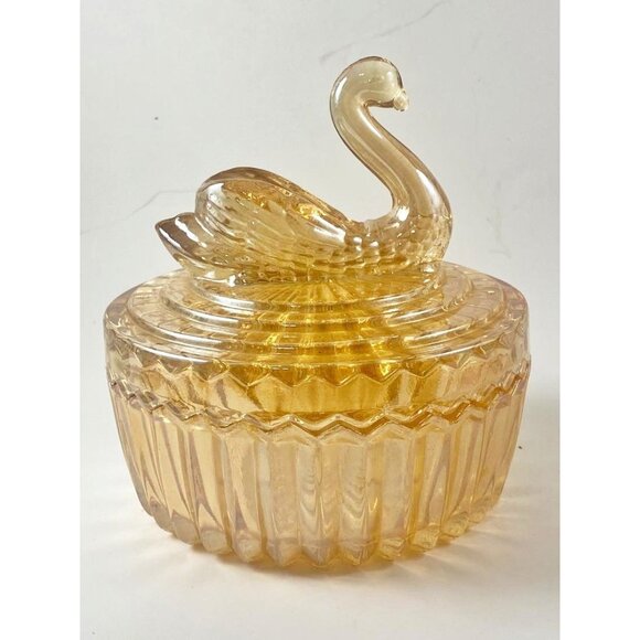 Jeannette Iridescent Amberina Swan Handled Glass Covered Trinket Powder Dish - Picture 1 of 4